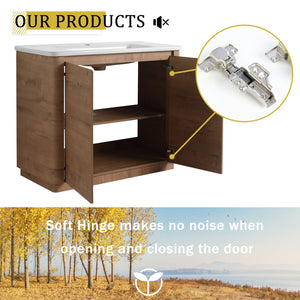 English Elm 40'' Freestanding Bathroom Vanity With White Ceramic Sink & Soft-Close Doors - Stylish Storage Solution W999S00401