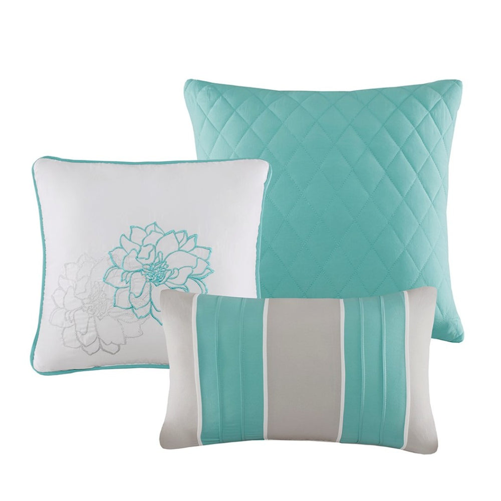 English Elm Printed Cotton Sateen Comforter Set Aqua King - Elegant Floral Design With Decorative Pillows & Bedskirt B03596886-GIGA