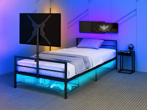 English Elm Twin Gaming Platform Bed Iron Frame with Rotating Tv Mount Led Strips Console Storage W688P237948