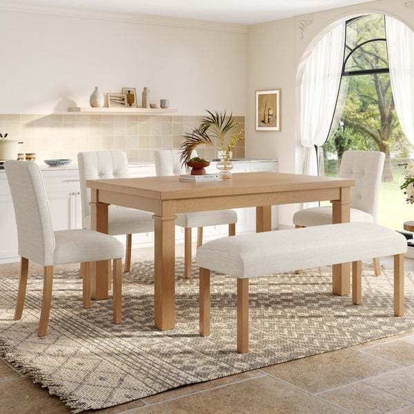 English Elm 6-piece Rectangular Dining Set with Wood Grain Table Four Upholstered Chairs and Bench Natural N752S000012N