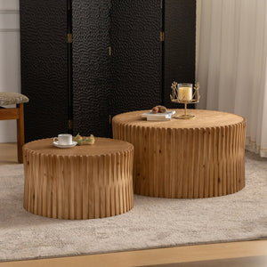 English Elm Vintage Cylindrical Nesting Coffee Table Set, Textured Embossed Wood Accent Tables for Living Room Natural W757P195740