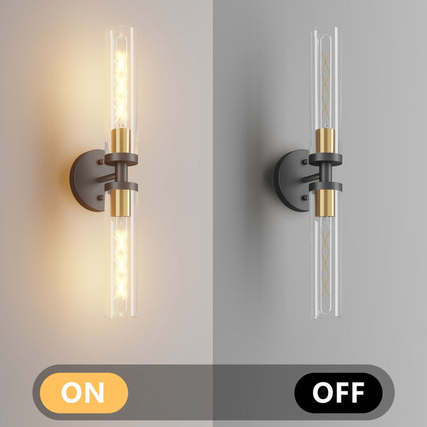 English Elm Wall Sconces Set Of Two - Modern Black & Gold Bathroom Lighting With Touch Control & Clear Glass Shades W2312P389965-GIGA