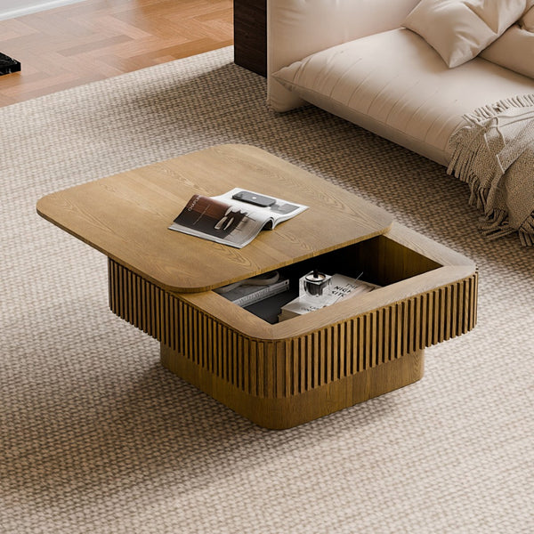 English Elm 31.5'' Square Wood Veneer Flip Top Storage Coffee Table with Slat Detail for Living Rooms Brown W1435P375248