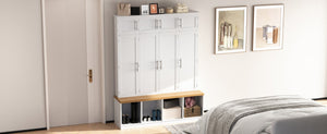 English Elm Wood Entryway Hall Tree with Bench Seating Coat Hooks Shoe Cubbies Cabinet White W5271S00004