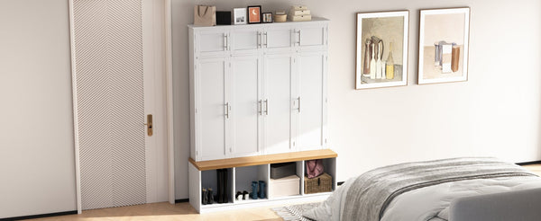 English Elm Wood Entryway Hall Tree with Bench Seating Coat Hooks Shoe Cubbies Cabinet White W5271S00004
