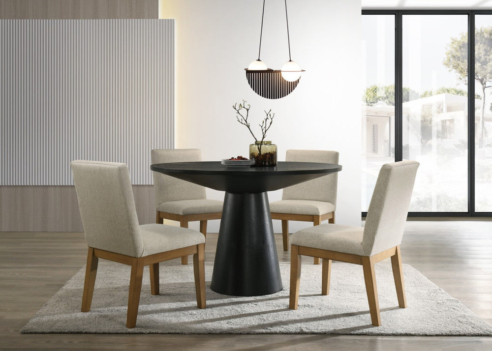 English Elm Jacopo Round Pedestal Dining Set Seats Four with Ebony Frame Beige Upholstered Chairs B2749S00344