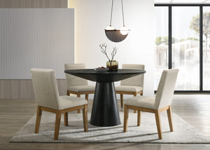 English Elm Jacopo Round Pedestal Dining Set Seats Four with Ebony Frame Beige Upholstered Chairs B2749S00344