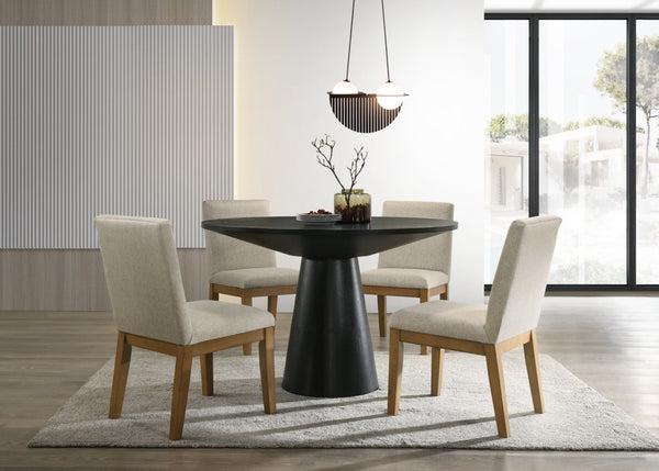 English Elm Jacopo Round Pedestal Dining Set Seats Four with Ebony Frame Beige Upholstered Chairs B2749S00344