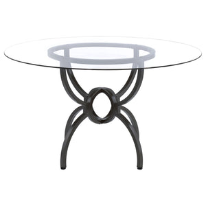 English Elm Marina Round Glass Top Dining Table with Sculptural Gunmetal Base Seats Four B062S01809