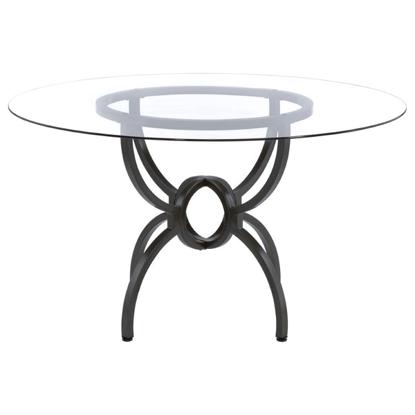 English Elm Marina Round Glass Top Dining Table with Sculptural Gunmetal Base Seats Four B062S01809