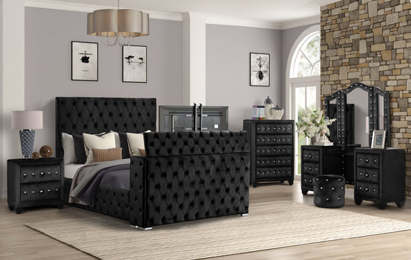 English Elm Encore Modern Style 5Pc King Bedroom Set With Tufted Upholstered Bed, Dresser & Nightstand In Black B009S01689