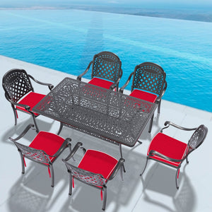 English Elm 7-Piece Cast Aluminum Patio Furniture Set With Red Cushions - Durable, Versatile & Elegant Design W1710S00088