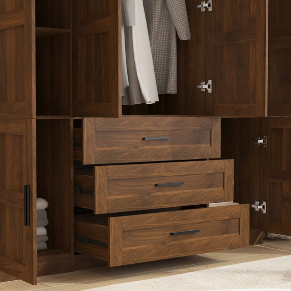 English Elm Tall Wooden Freestanding Armoire with Six Doors Three Drawers and Hanging Rod W1321S00039