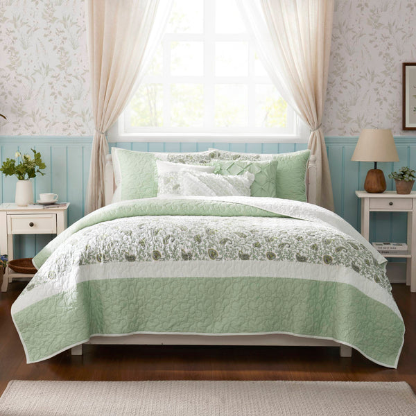English Elm 6 Cotton Percale Quilt Set Full/Queen with 3 Decorative Pillows Breathable Printed Cotton Blend Comfort Sage Green 22.83 L x 17.72 W x 7.87 H B035P294113