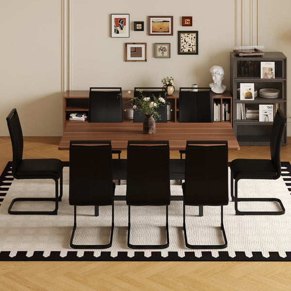 English Elm Table And Chair Set: 71" Walnut Grain Dining Table With 8 Stylish Black Pu Chairs & Storage Shelf W1151S04279-GIGA