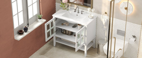 English Elm Christopher Knight Home® - 36" Bathroom Vanity with Ceramic Sink, Solid Wood Legs, Waterproof Finish, Soft-Close Hinges, Open Shelf, Silver Knobs White N817P286249W