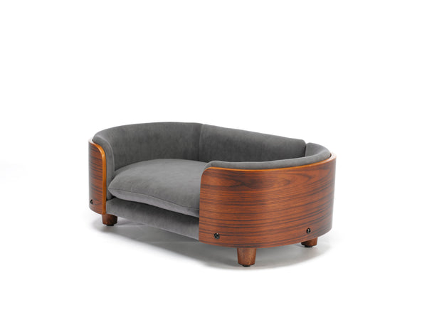 English Elm Scandinavian Elevated Pet Sofa Bed with Walnut Bent Wood Back, Velvet Stain-Resistant Fabric, Cozy Rest Dark Gray W794125914