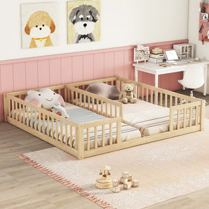 English Elm Double Twin Floor Bed With Safety Guardrails - Scandinavian Style, Durable Pine, Easy Assembly W504P143287