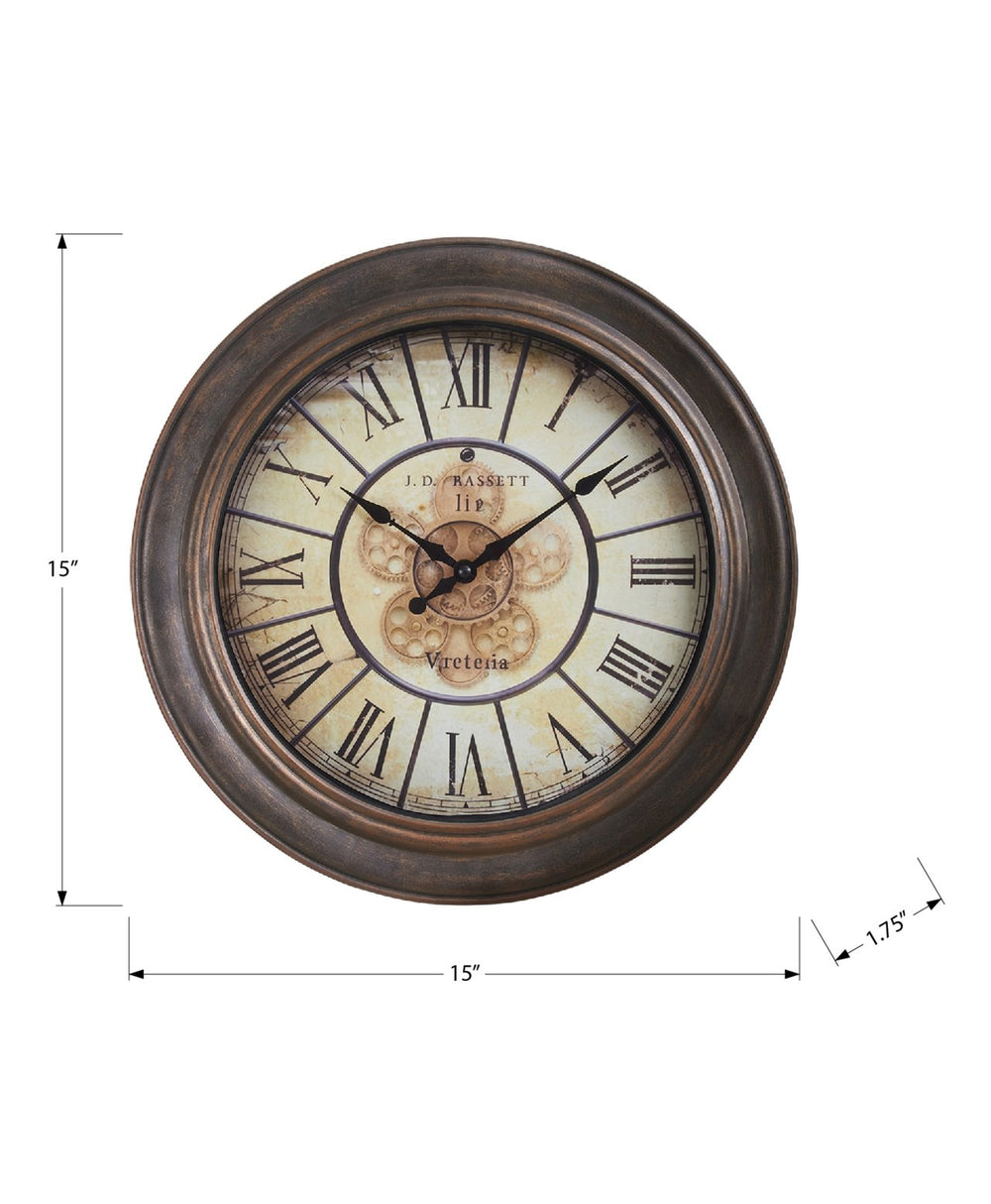 English Elm Clocks, Elegant 15" Round Wall Clock In Antique Brown - Vintage Style With Quiet Quartz Movement B2710P287091