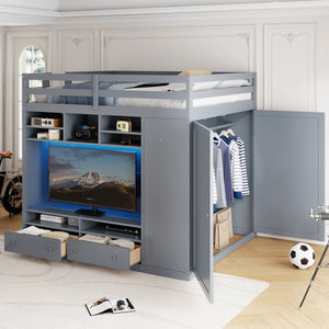 English Elm Full Size Loft Bed with Led Lighting Wardrobe Drawers and Shelves for Teen Rooms Gray LT000499AAE