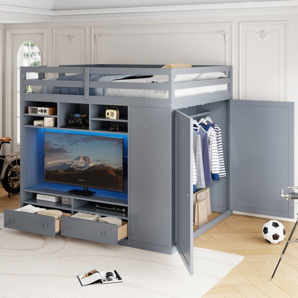English Elm Full Size Loft Bed with Led Lighting Wardrobe Drawers and Shelves for Teen Rooms Gray LT000499AAE