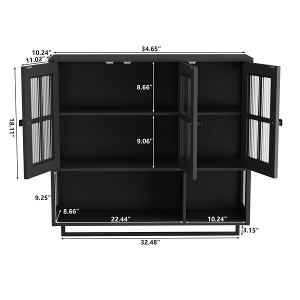 English Elm Bathroom Wall Cabinet with 3 Doors and Glass Panel, MDF Storage Cabinet with Towel Bar, Modern 35.6"L x 10.2"W x 32.5"H Black W757P329724