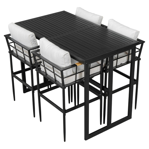 English Elm U_Style Iron Outdoor Dining Set with Acacia Wood Armrests, 5-Piece Patio Set with Cushioned Seats and 400 lb Capacity Beige WY000445AAA