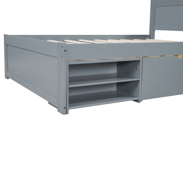 English Elm Full Size Platform Bed with Storage Drawers & Shelves, Gray MDF Construction, 400lb Capacity, Sturdy Design N709P214183E