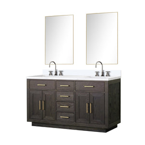 English Elm Brown Oak Double Bath Vanity With White Quartz Top, Chrome Faucets & Two Mirrors For Modern Style B2731S01794