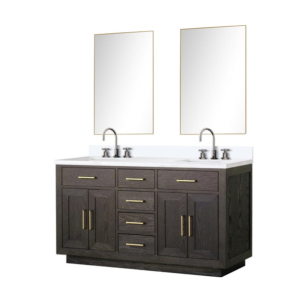 English Elm Brown Oak Double Bath Vanity With White Quartz Top, Chrome Faucets & Two Mirrors For Modern Style B2731S01794