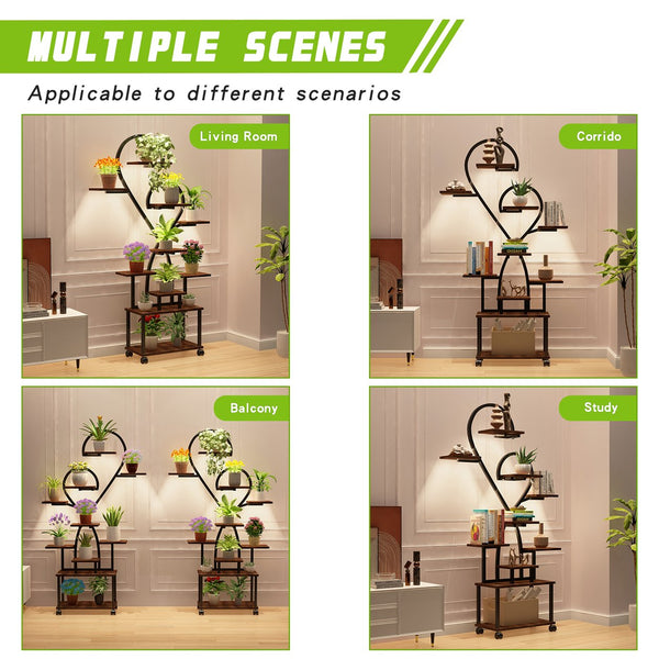 English Elm (Heart Shape) Plant Stand Indoor with LED Grow Lights, Tiered Metal Tree Shelf, Stylish Black/Walnut Decor W2641P323276