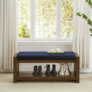 English Elm 40" Accent Bench with Lower Shelf Shoe Rack, Removable Padded Cushion, Modern Entryway Storage Stool Navy Blue W2186P292097