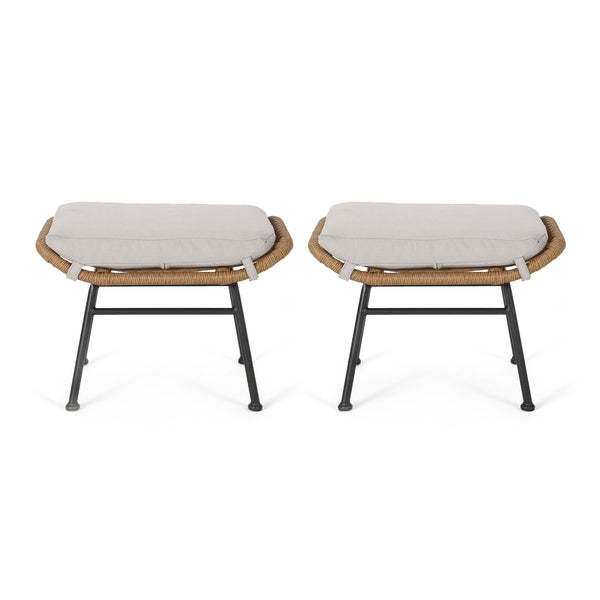 English Elm Christopher Knight Home® - Montana Light Brown Faux Rattan Outdoor Ottoman Set of 2 with Water-Resistant Cushions, Steel Frame Durable Elegance 65045.00LBRN