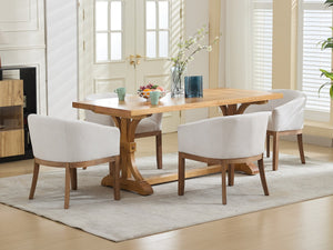 English Elm Mid Century Modern Upholstered Barrel Dining Chair - Beige Linen Accent Chair For Home & Office W1143P346923