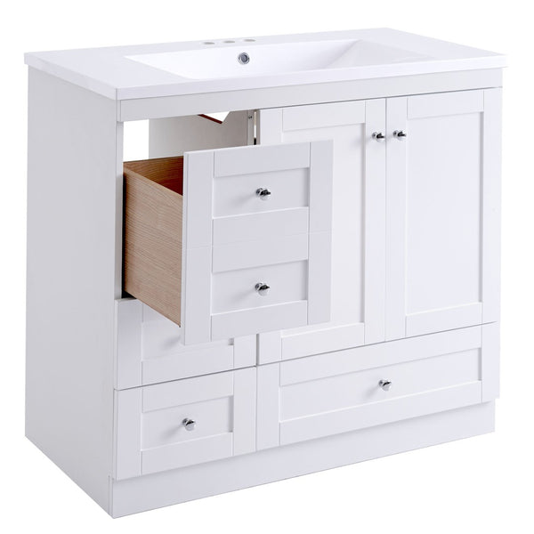 English Elm 36 Inch Shaker Bathroom Vanity with Resin Sink Four Soft Close Drawers Mdf Cabinet White N729P000028K