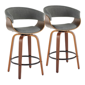 English Elm Vintage Mid-Century 26" Counter Stool Set with Swivel, Walnut Bentwood Legs & Padded Backrest Grey B202S00467