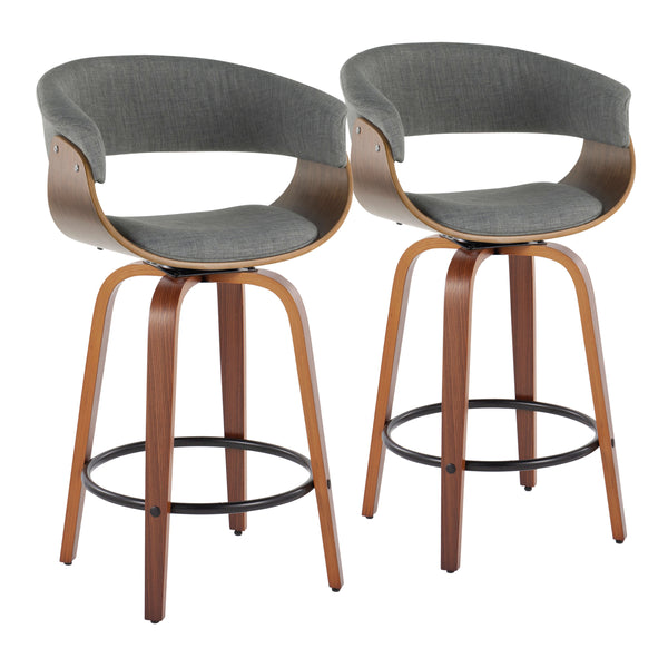 English Elm Vintage Mid-Century 26" Counter Stool Set with Swivel, Walnut Bentwood Legs & Padded Backrest Grey B202S00467