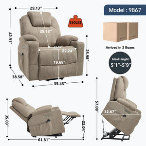 English Elm Up to 350 Lbs Chenille Power Lift Recliner with Massage Heating and Usb Charging Ports Khaki W3224S00026