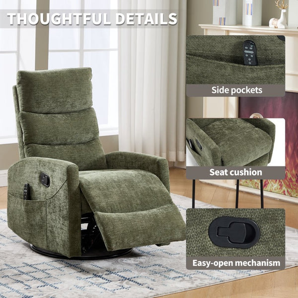 English Elm Heat Massage Rocker Recliner with Swivel Base Vibrating Nodes Lumbar Relief Fabric W3224P357572