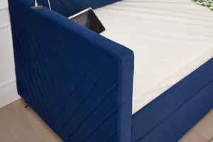 English Elm Twin Velvet Upholstered Daybed with Trundle, V-Pattern Backrest, USB Port, Side Pockets, Sturdy Design Navy W1361S00044