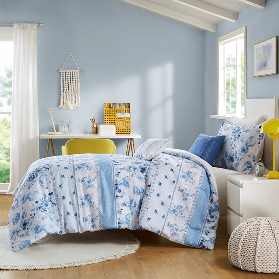 English Elm Twin/Twin Floral Striped Comforter Set with Anti-Microbial Microfiber, Plush Fill, Decorative Pillows Multicolor 19.68 L x 12.99 W x 7.09 H B035P203249