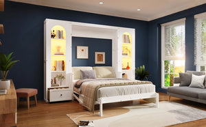 English Elm Queen Murphy Bed with Led Lighting Side Cabinets Shelving and Fold Down Desk Panel White N7090002226K-1