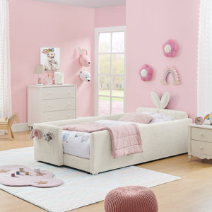 English Elm Twin Boucle Upholstered Kids Bed Whimsical Rabbit Ear Headboard with Safety Rail Beige W1413P407485