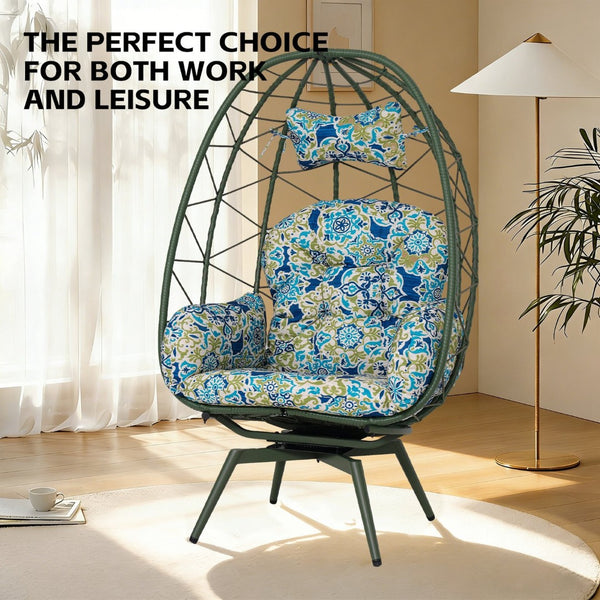 English Elm Oversized Swivel Rattan Egg Chair with Plush Cushions for Patio or Living Room T5880P501012