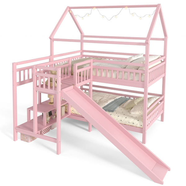 English Elm Full Bunk Bed with Trundle Bookshelf Storage Pine Frame Car Design for Kids Pink W1580S00304