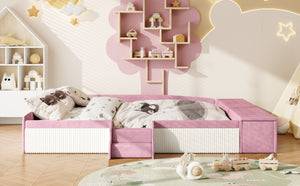 English Elm King Velvet Kids Platform Bed with Padded Guardrails Staircase and Storage Ottoman Pink+White SF000204AAH