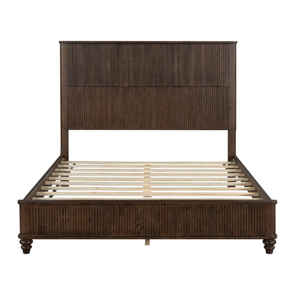 English Elm Solid Rubberwood Queen Platform Bed Tall Headboard Vertical Grain No Box Spring Walnut W5819S00001