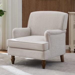 English Elm Vintage Linen Armchair with Rolled Arms and Turned Wood Legs — Plush Cushions, Sturdy Support, Timeless Accent for Living Spaces Beige 29.84 L x 29.5 W x 18.42 H N701P326070A