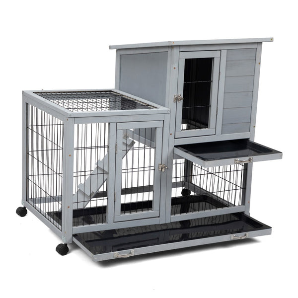 English Elm Detachable Two-tier Pine Rabbit Hutch with Rolling Casters and Removable Waste Trays White+Gray W2181P190614