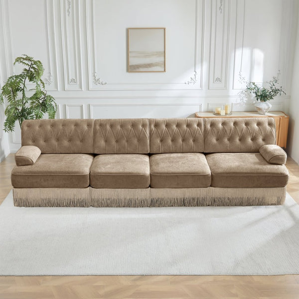 English Elm 135" Modular Chesterfield Sectional Velvet Tufted Sofa with Tassel Skirt for Lounge Rooms Camel W714S01699